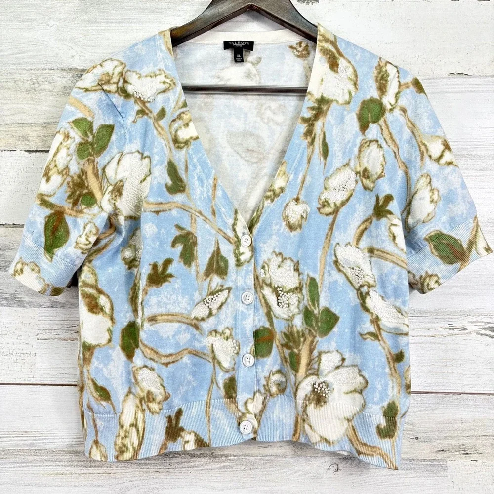 Talbots Floral Light Blue Beaded Short Sleeve‎ V Neck Cardigan Sweater XLP